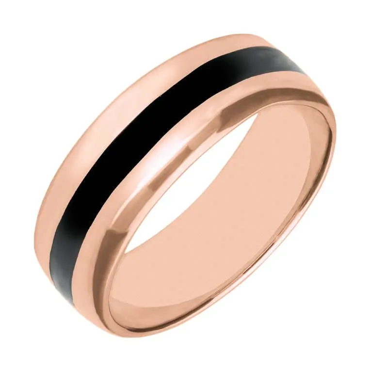 18ct Rose Gold Whitby Jet Inlaid Wide Wedding Band Ring