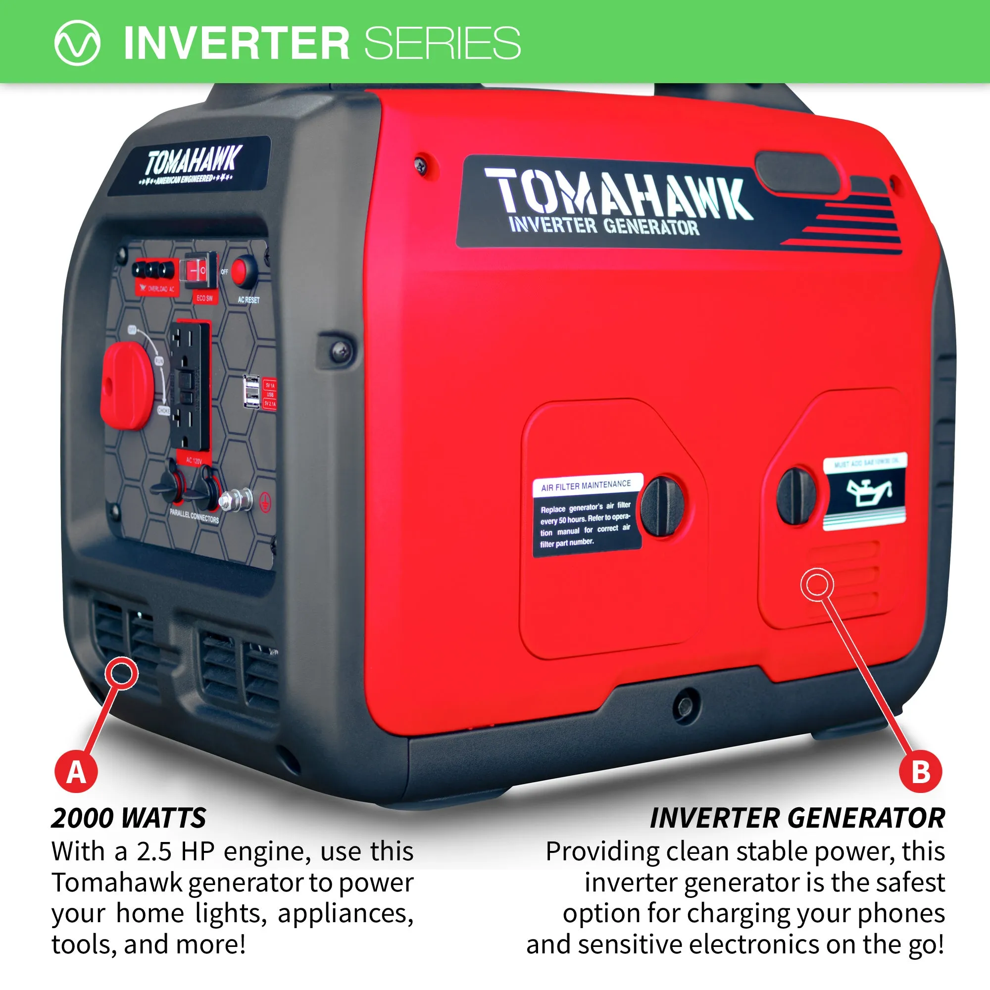 2000 Watt Inverter Generator Super Quiet Portable Gas Power Professional Use