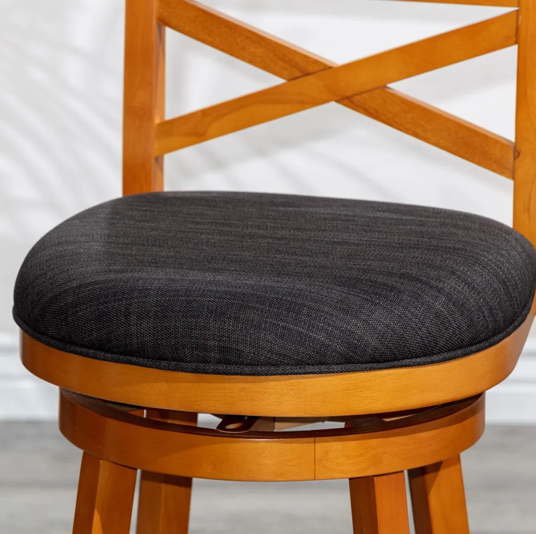 30" X-Back Swivel Stool, Natural Finish, Charcoal Fabric Seat - Classic Design, Easy Assembly