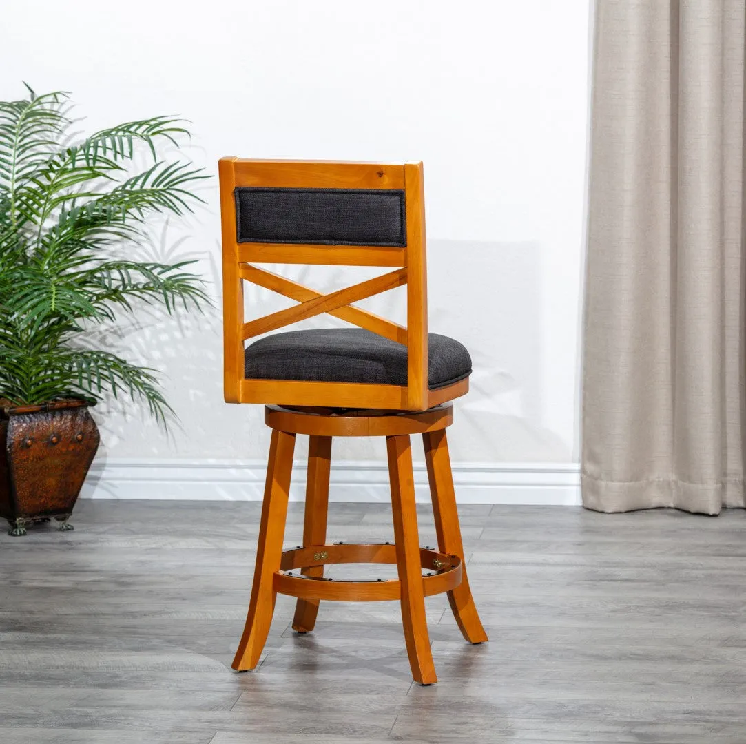 30" X-Back Swivel Stool, Natural Finish, Charcoal Fabric Seat - Classic Design, Easy Assembly