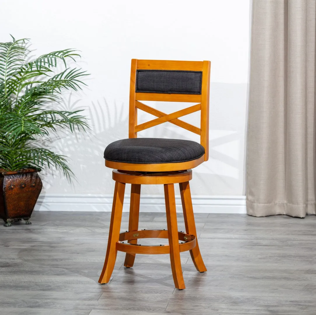 30" X-Back Swivel Stool, Natural Finish, Charcoal Fabric Seat - Classic Design, Easy Assembly