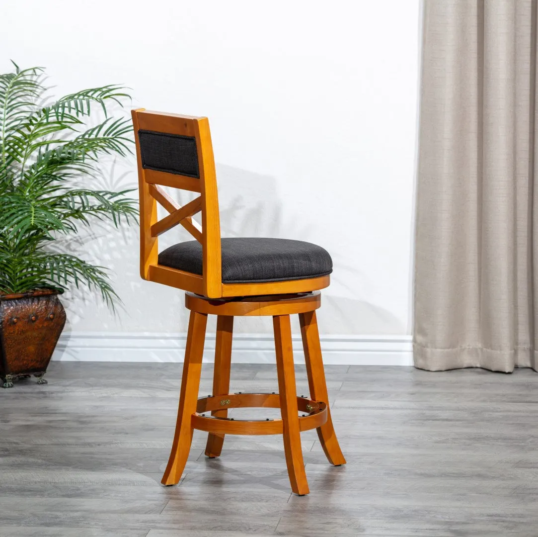 30" X-Back Swivel Stool, Natural Finish, Charcoal Fabric Seat - Classic Design, Easy Assembly