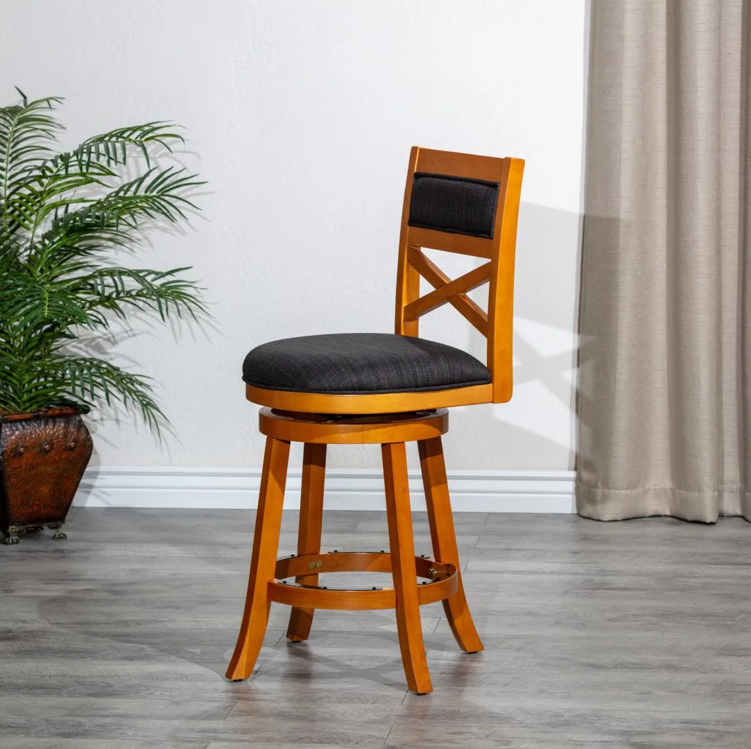 30" X-Back Swivel Stool, Natural Finish, Charcoal Fabric Seat - Classic Design, Easy Assembly