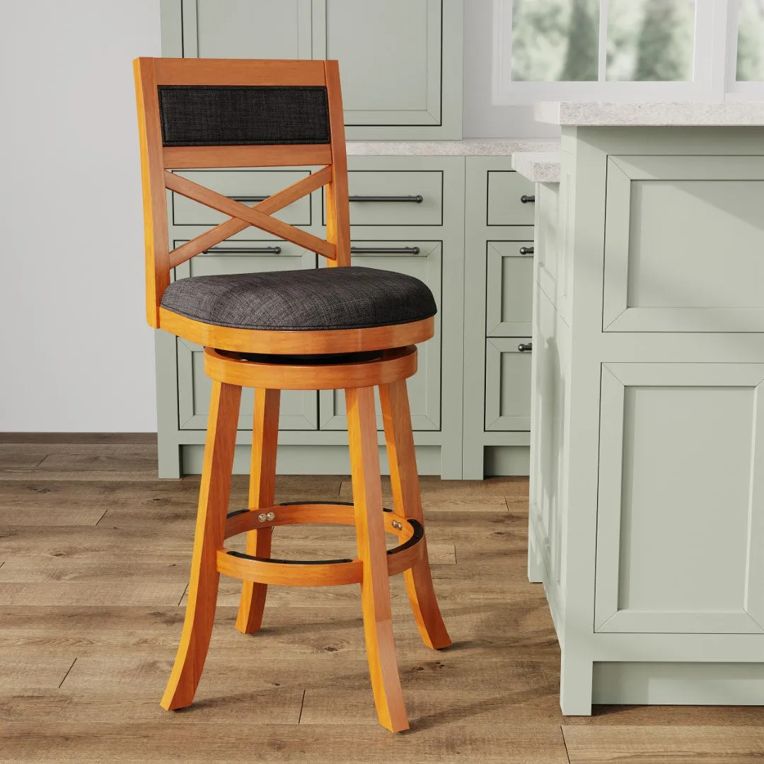 30" X-Back Swivel Stool, Natural Finish, Charcoal Fabric Seat - Classic Design, Easy Assembly