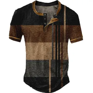 3D Printed Plaid Men's Graphic Tee | Casual Black Summer Cotton | Men's Waffle Henley Vintage Short Sleeve T-Shirt