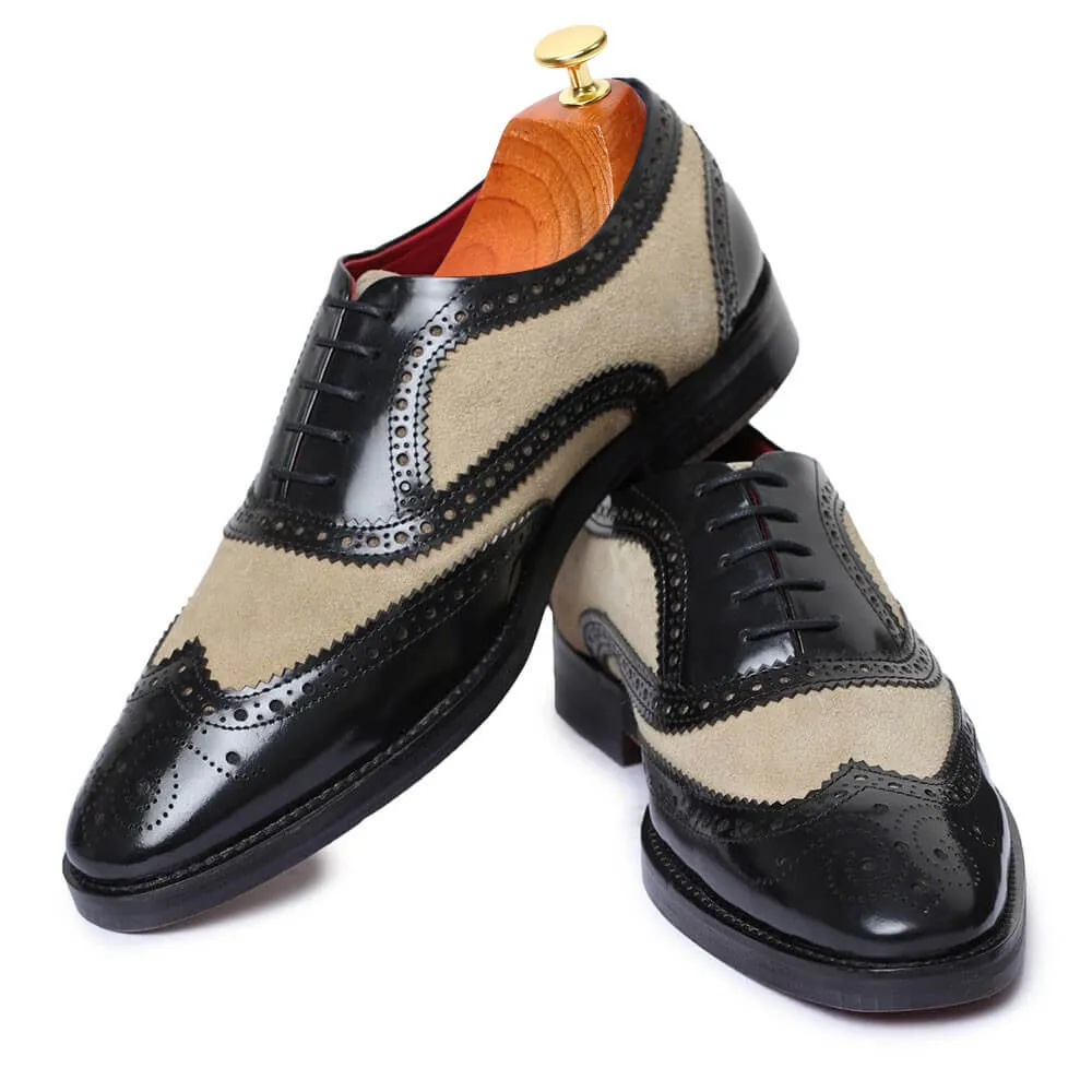 7 CM / 2.76 Inches - CMR CHAMARIPA Height Increasing Dress Shoes - Shoes With Raised Heel - Black And Suede Wingtip Brogue Handcrafted Oxfords