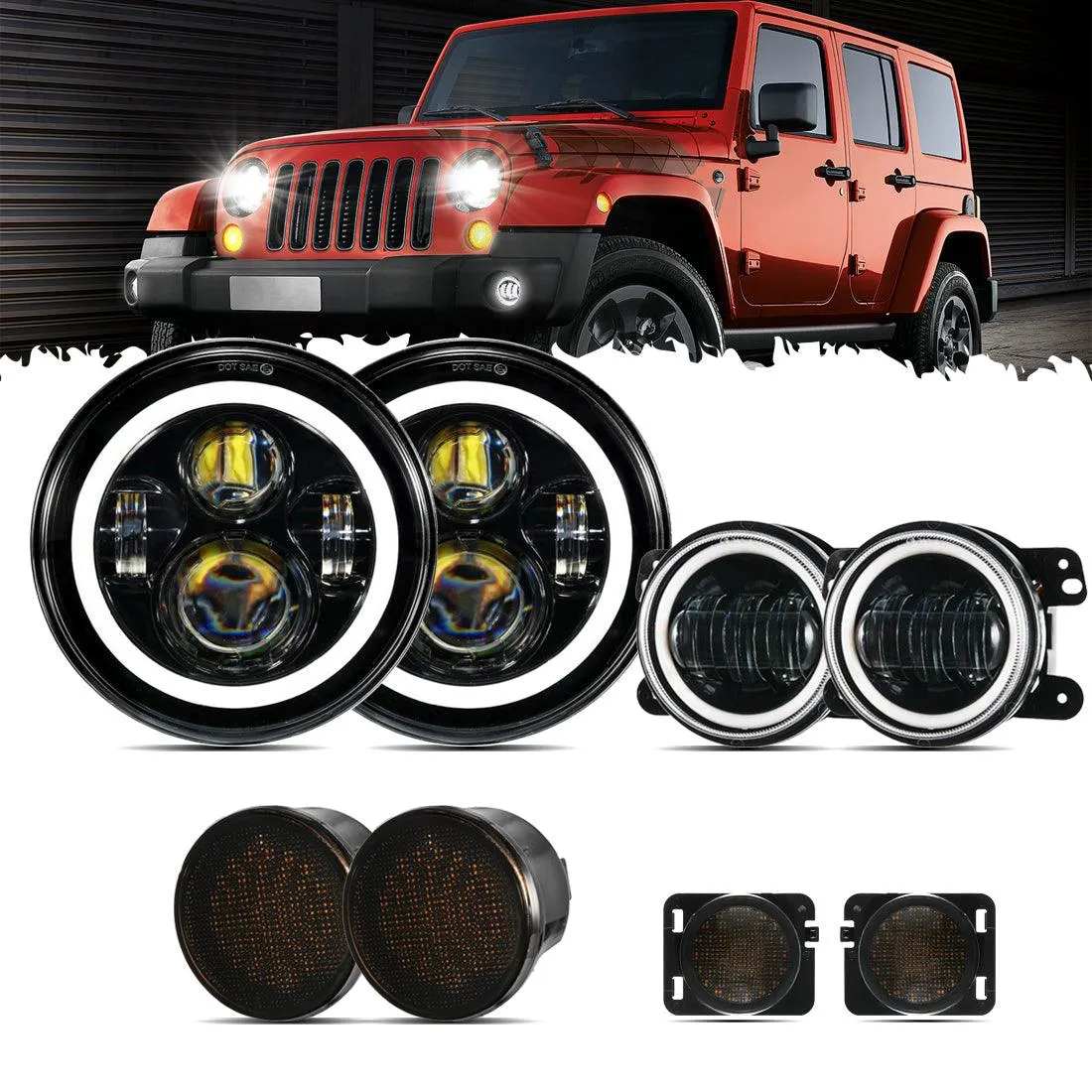 7" LED Headlight Replacement with Halo Ring   4" LED Fog Light   Front Turn Signal & Fender Flares Side Marker Light for Jeep Wrangler JK