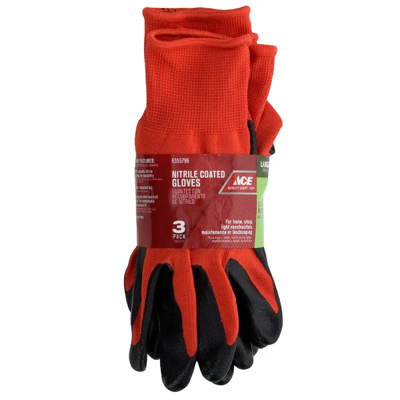 Ace Men's Indoor/Outdoor Coated Work Gloves Red L 3 pk