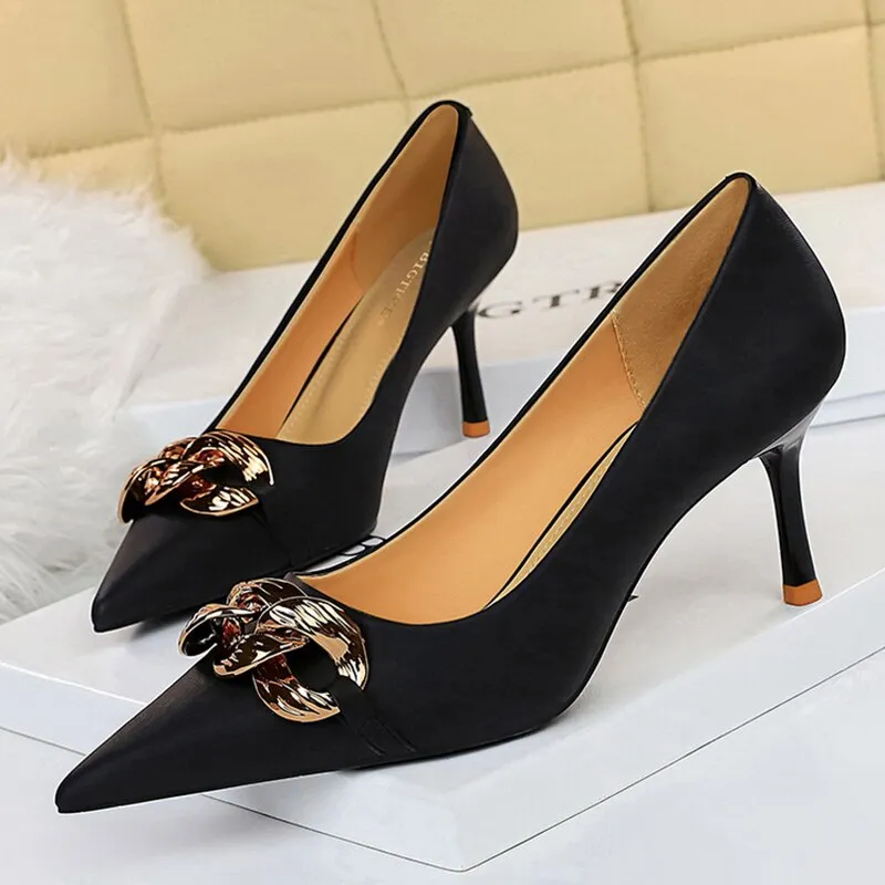 Amozae-2024 New Autumn Elegant Women Metal Apricot Leather Pumps Black Pointed Toe Pumps Thin High Heels Pumps Ladies Valentine Shoes