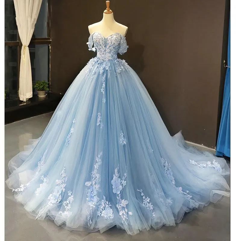 Baby Blue Off Shoulder Prom Dresses 3D Flowers Applique Ball Gowns  PSK248