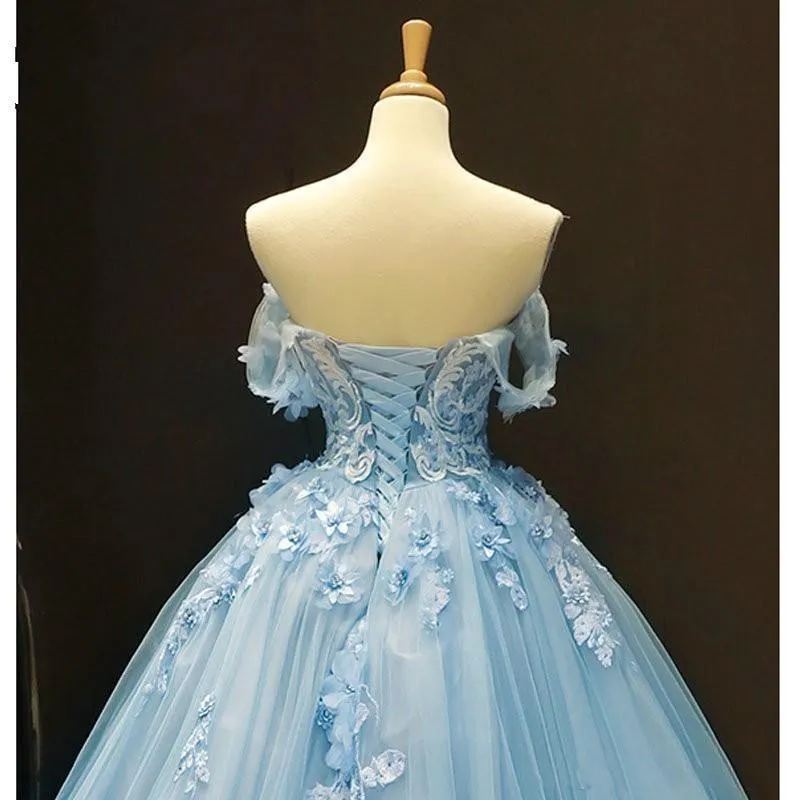 Baby Blue Off Shoulder Prom Dresses 3D Flowers Applique Ball Gowns  PSK248