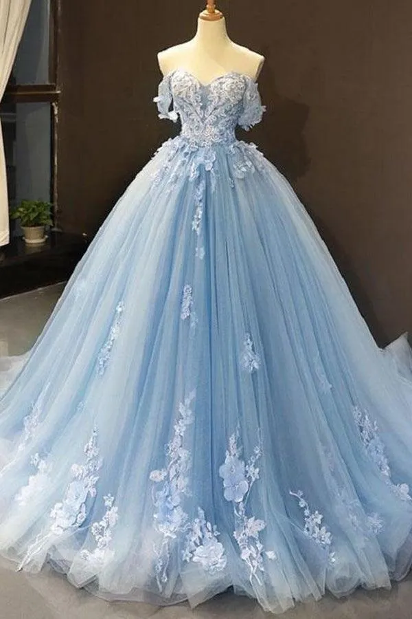 Baby Blue Off Shoulder Prom Dresses 3D Flowers Applique Ball Gowns  PSK248