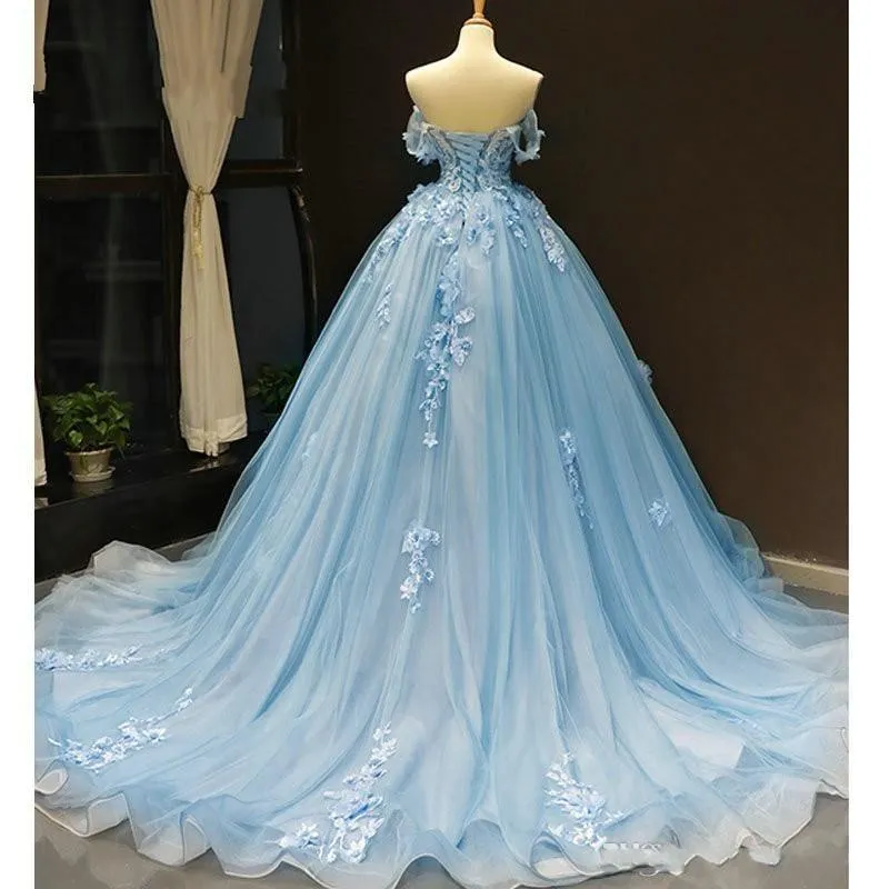 Baby Blue Off Shoulder Prom Dresses 3D Flowers Applique Ball Gowns  PSK248