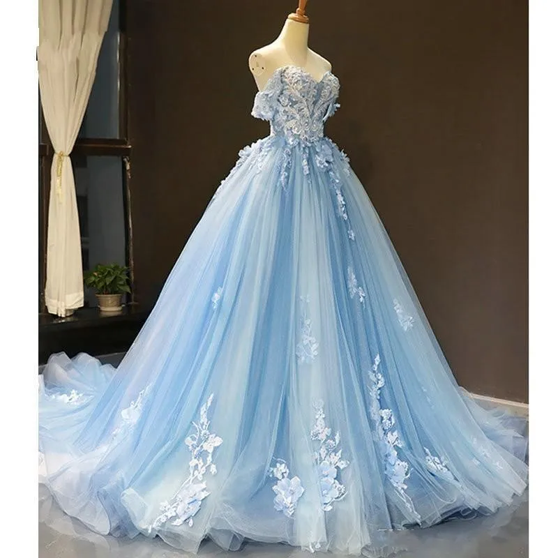 Baby Blue Off Shoulder Prom Dresses 3D Flowers Applique Ball Gowns  PSK248