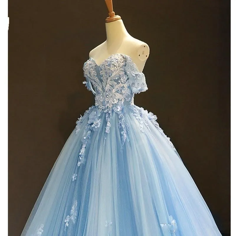 Baby Blue Off Shoulder Prom Dresses 3D Flowers Applique Ball Gowns  PSK248