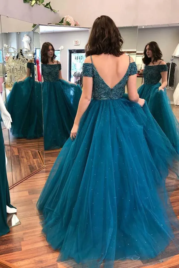 Ball Gown Off-the-Shoulder Dark Blue Tulle Prom Dress with Beading PG501