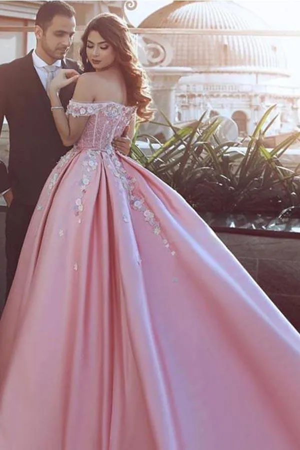 Ball Gown Off-the-Shoulder Pink Satin Prom Dress with Appliques PG870