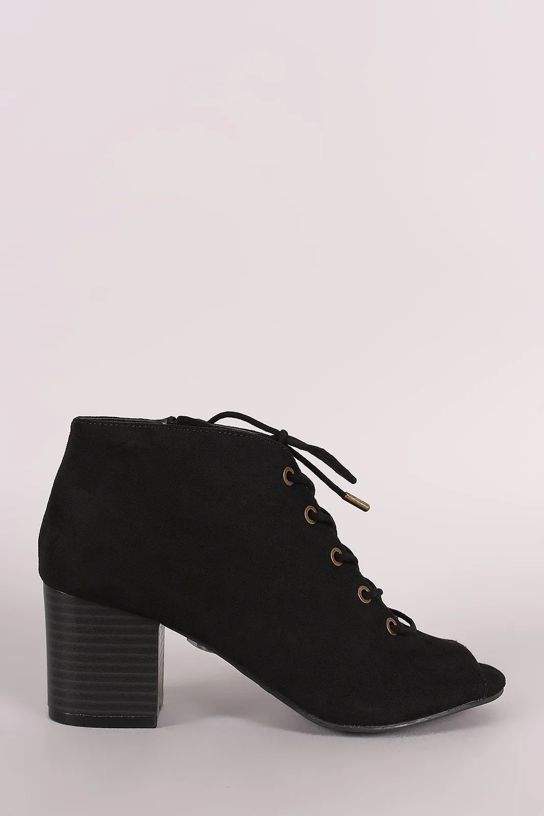 Bamboo Suede Peep Toe Lace-Up Chunky Heeled Booties