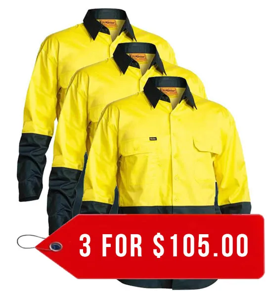 Bisley 2 Tone Hi Vis Cool Lightweight Mesh Ventilated Drill Shirt - Long Sleeve-3 Pack-(BS6895-1)