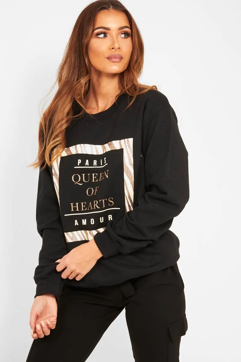 Black Paris Slogan Crew Neck Sweatshirt - Mariani