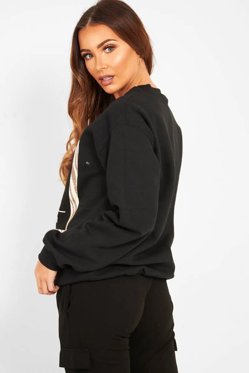 Black Paris Slogan Crew Neck Sweatshirt - Mariani