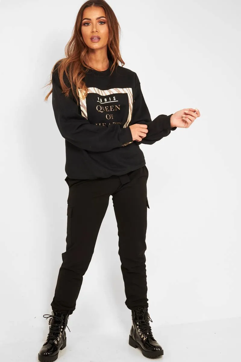 Black Paris Slogan Crew Neck Sweatshirt - Mariani