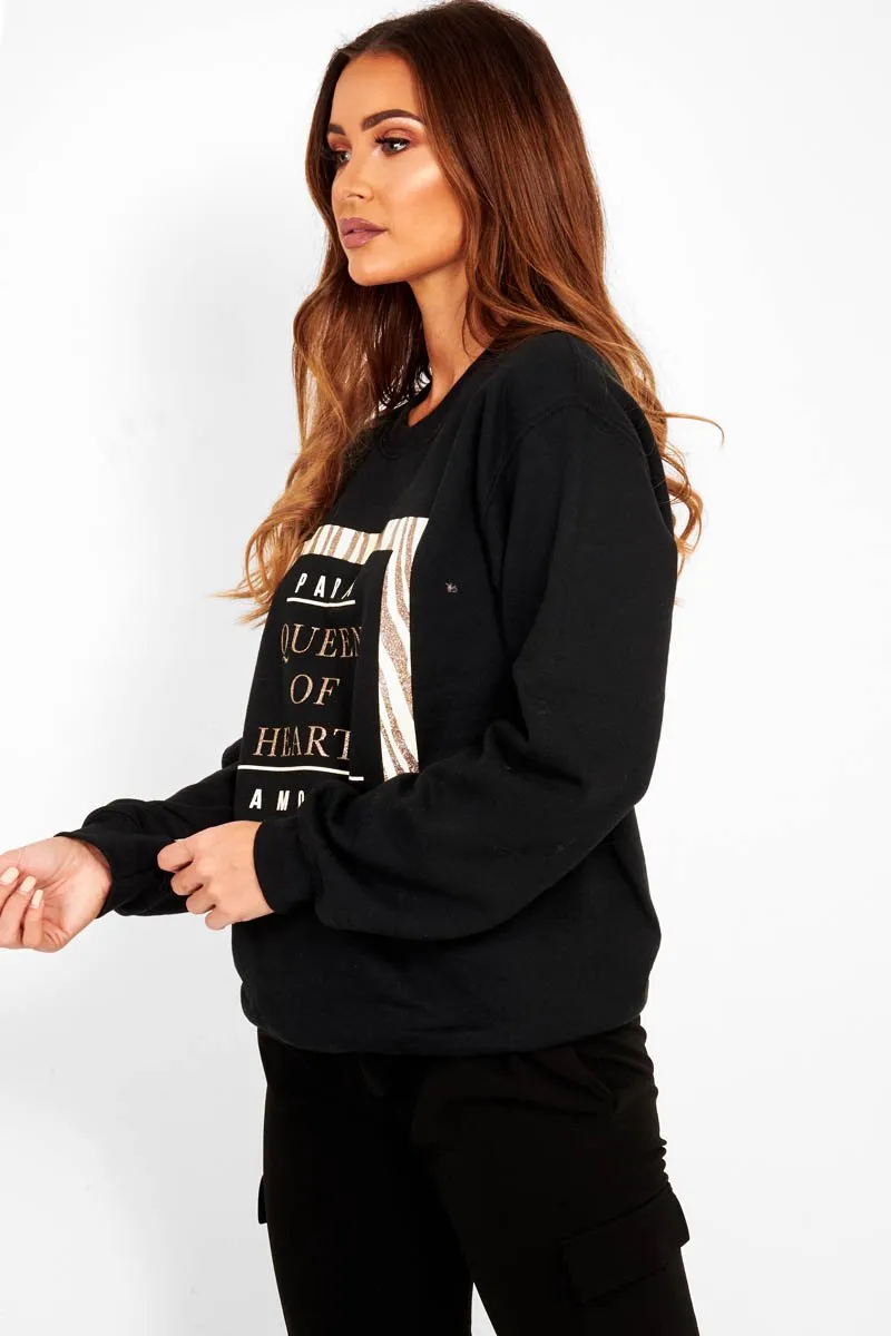 Black Paris Slogan Crew Neck Sweatshirt - Mariani