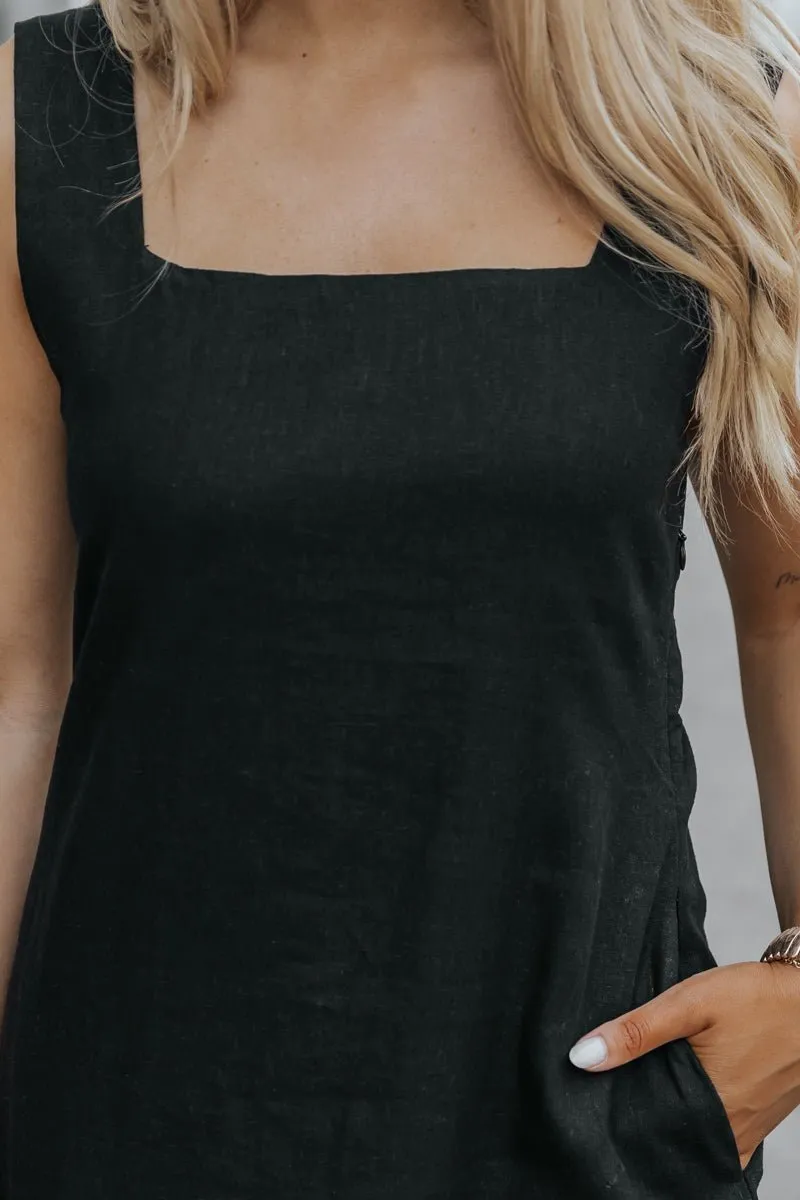 Black Square Neck Linen Mini Dress - FINAL SALE