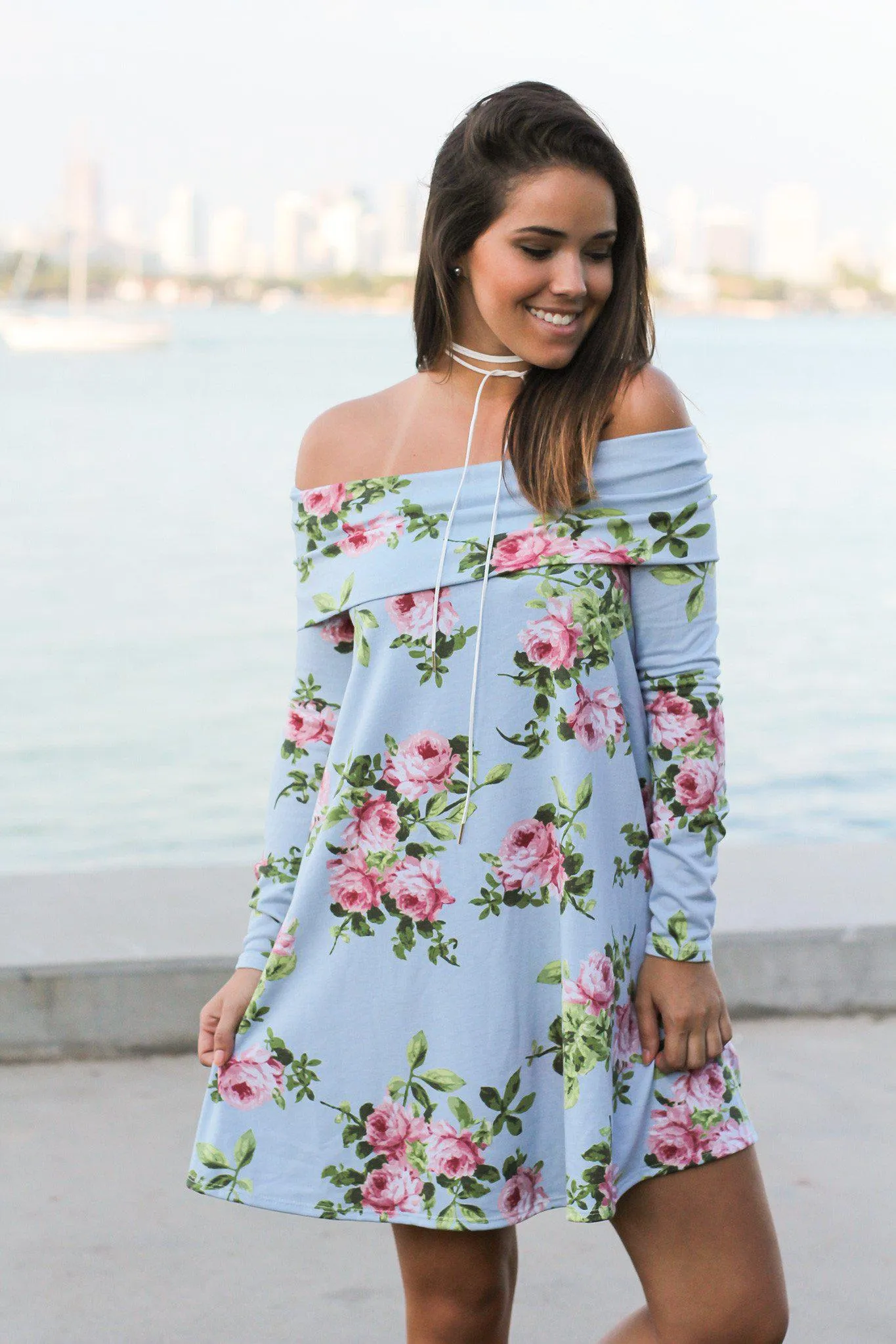 Blue Floral Off Shoulder Short Dress