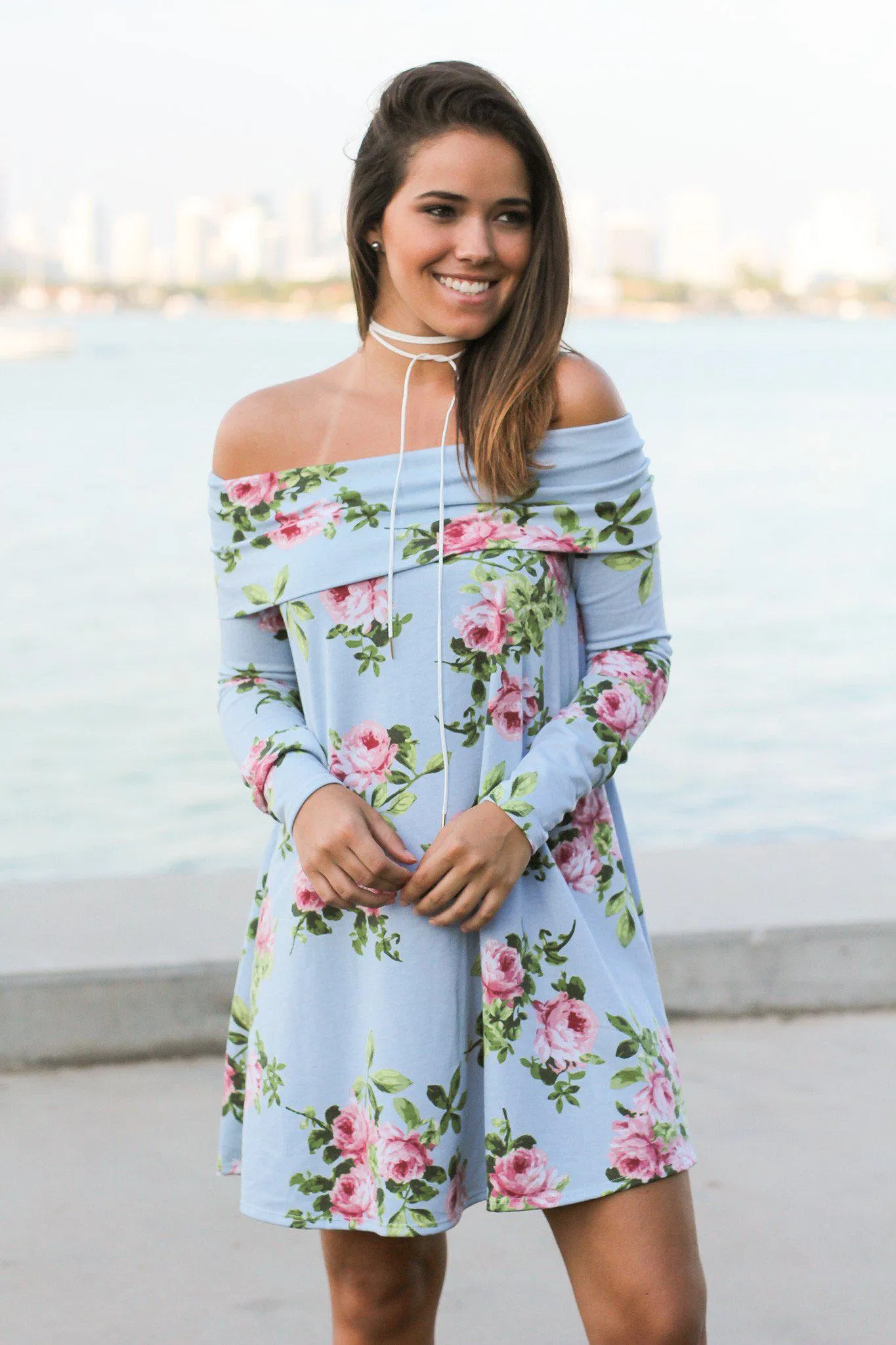 Blue Floral Off Shoulder Short Dress