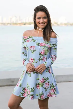 Blue Floral Off Shoulder Short Dress