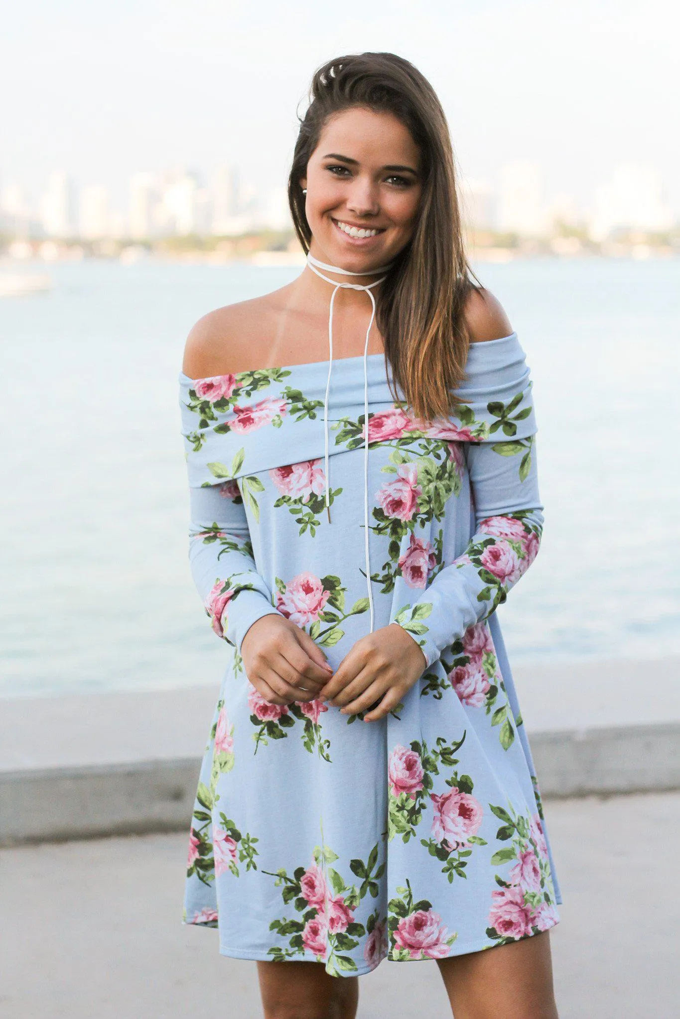 Blue Floral Off Shoulder Short Dress