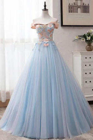 Blue Tulle Off-the-Shoulder Appliques Ball Gown Long Prom Dress PSK027