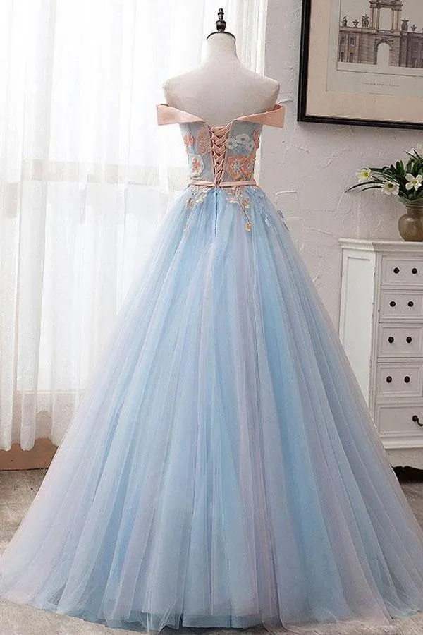 Blue Tulle Off-the-Shoulder Appliques Ball Gown Long Prom Dress PSK027