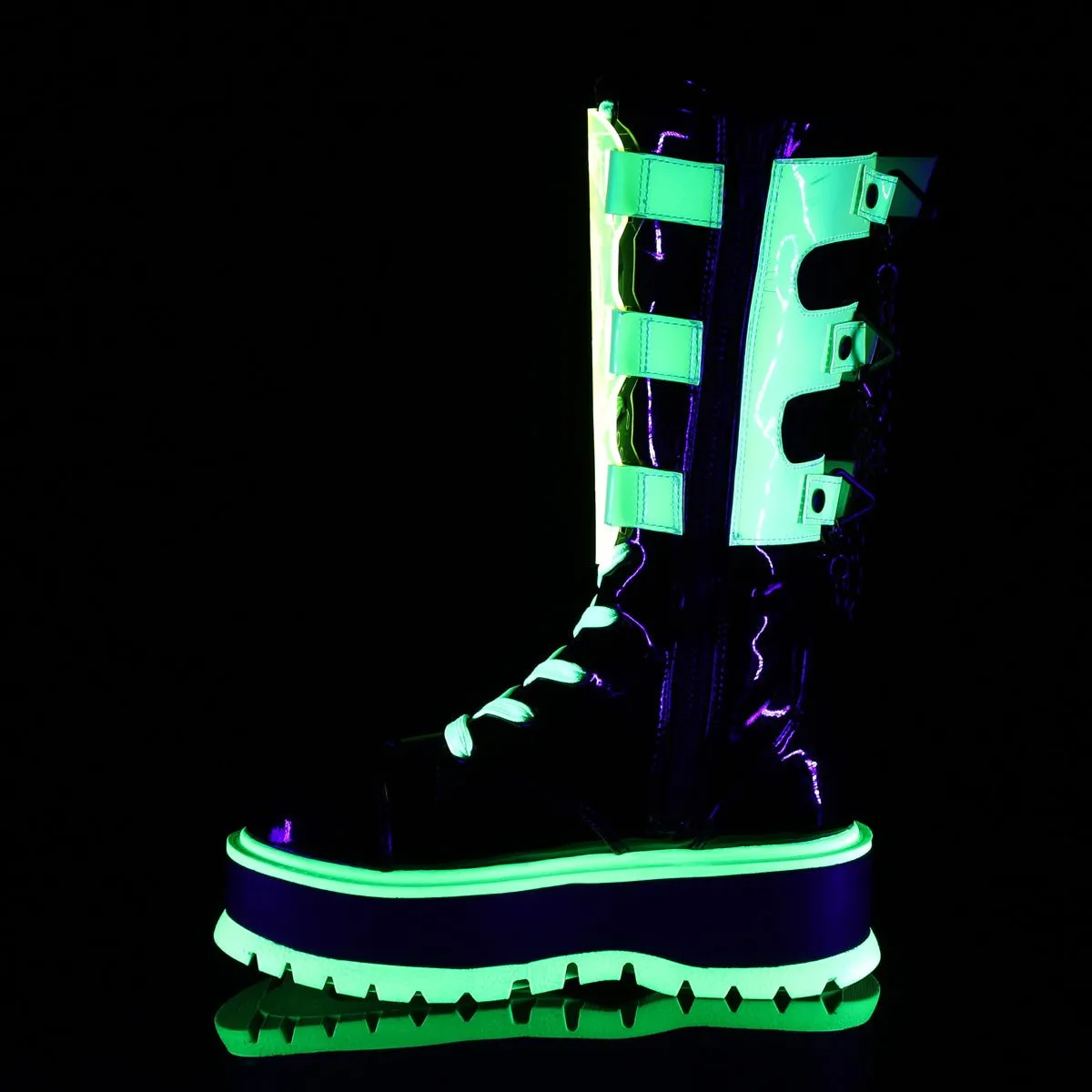 Demonia SLACKER-156 | Blk Pat. Leather & UV Neon Mid-Calf Boots