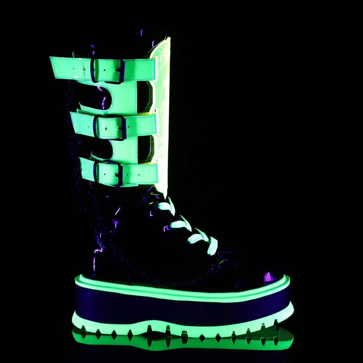 Demonia SLACKER-156 | Blk Pat. Leather & UV Neon Mid-Calf Boots