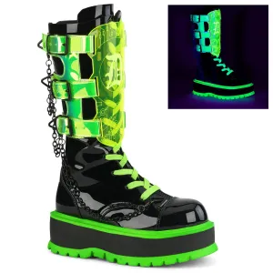 Demonia SLACKER-156 | Blk Pat. Leather & UV Neon Mid-Calf Boots