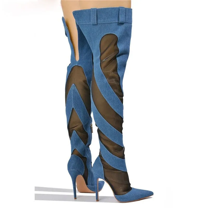 Denim Mesh Patchwork Thigh High Boots