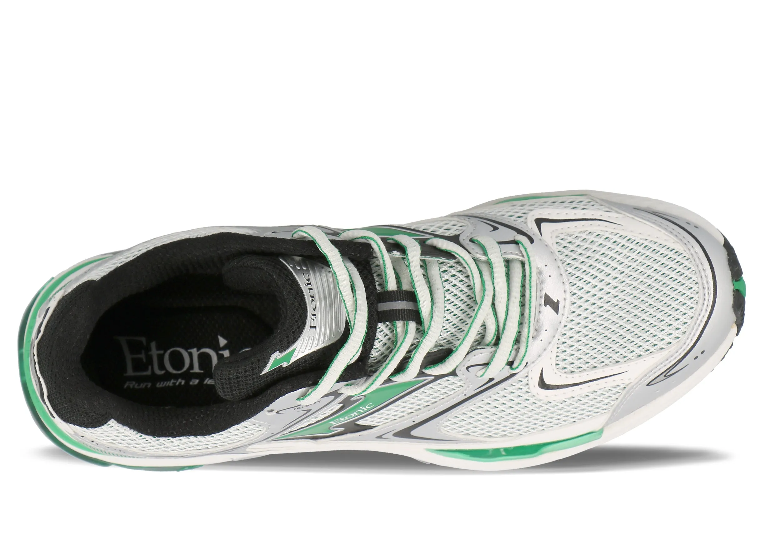 Etonic Evolution sneakers in black and white mesh fabric and white and silver vegan leather with green inserts and black lining.