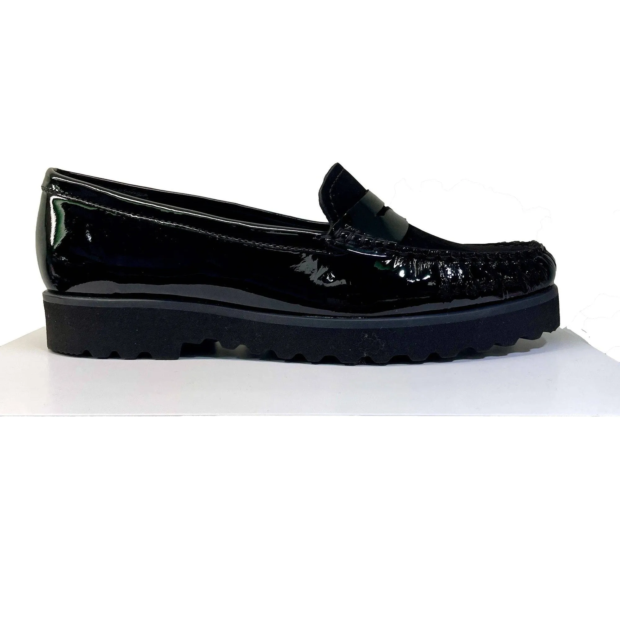 EYS 16529 Ladies Black Patent And Nubuck Leather Slip On Loafers