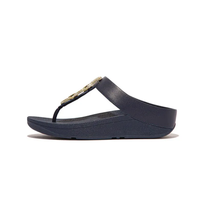 Fitflop Women Fino Crystal-Chain Leather Toe-Post Sandals |HX2-399| Midnight Navy