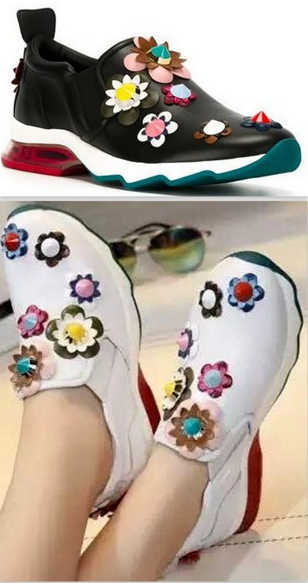 Flower-Embroidered Sneakers in Black or White