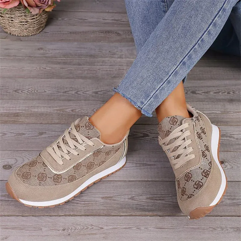 Flower Print Lace-Up Sneakers for Women