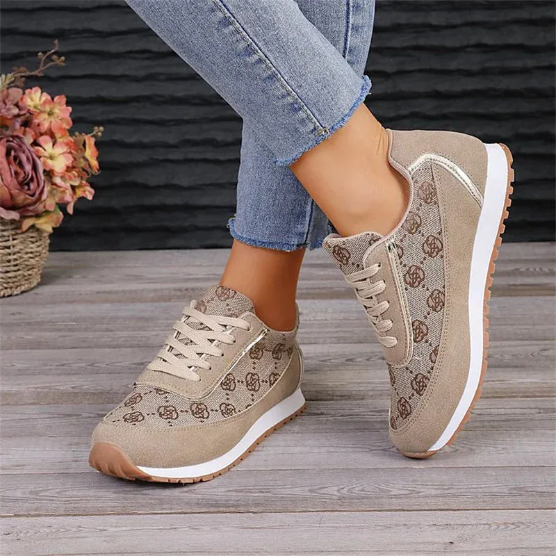 Flower Print Lace-Up Sneakers for Women