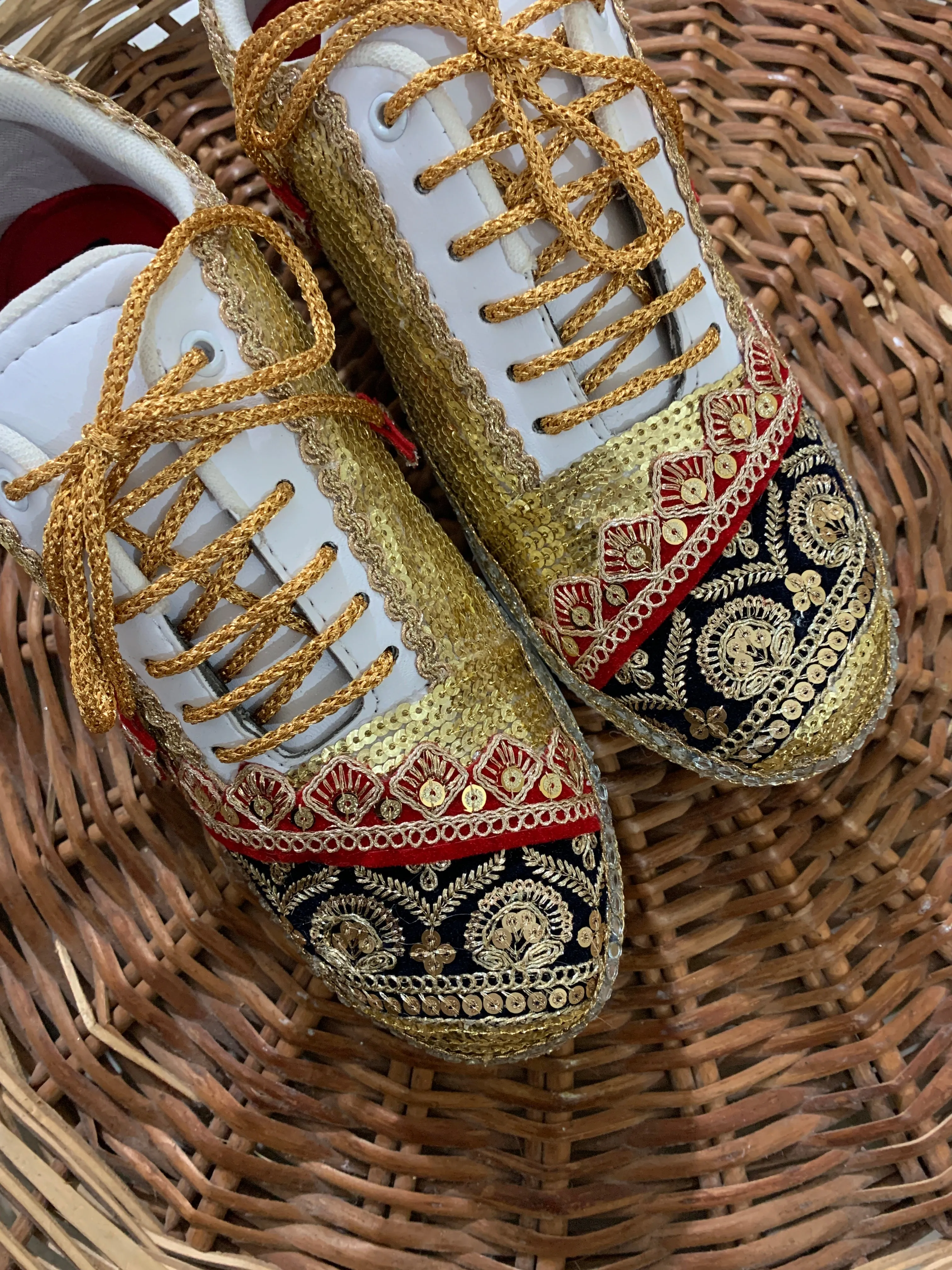 FUNKY N TRENDY handcrafted golden sequine work bridal sneakers / bridesmaid sneakers/ gold sneakers / golden sneakers / sequine work sneakers/ red sneakers / red and blue sneakers