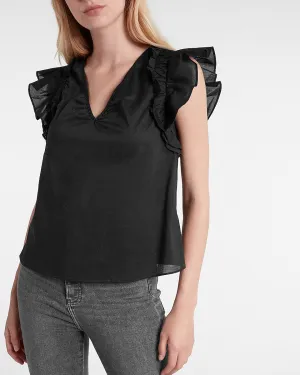 Gathered V-Neck Flutter Sleeve Top in Pitch Black