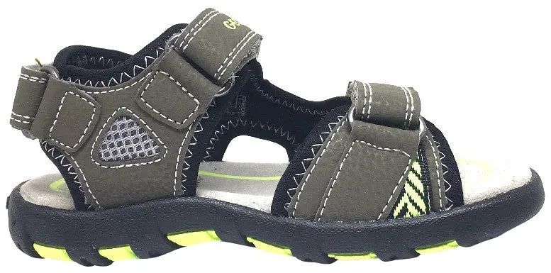 Geox Boy's Pianeta Military Green & Lime Single Hook and Loop Strap Open Toe Sandal