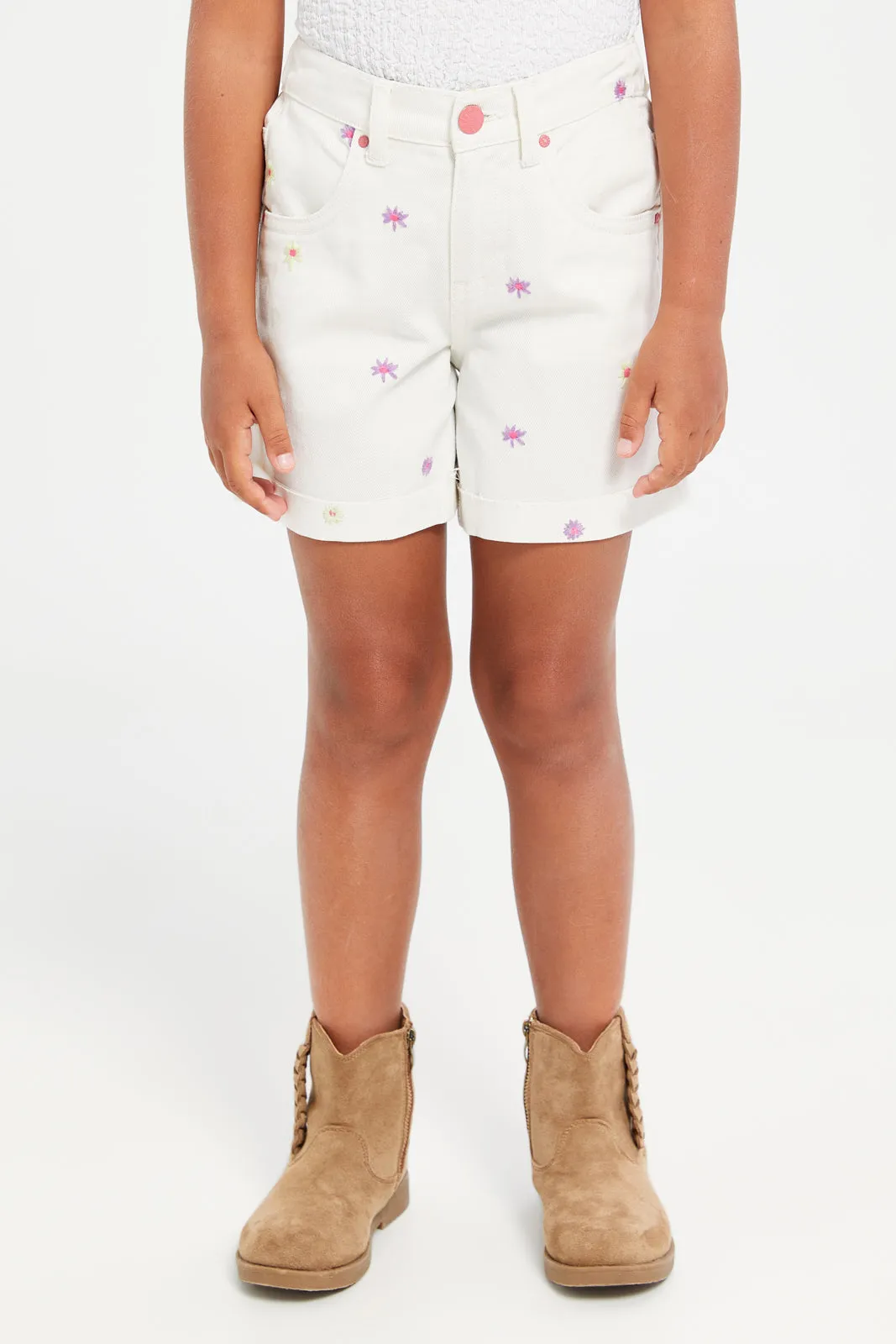 Girls White Embellished Shorts