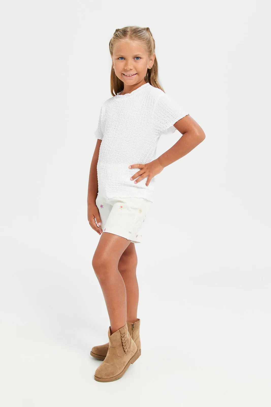 Girls White Embellished Shorts