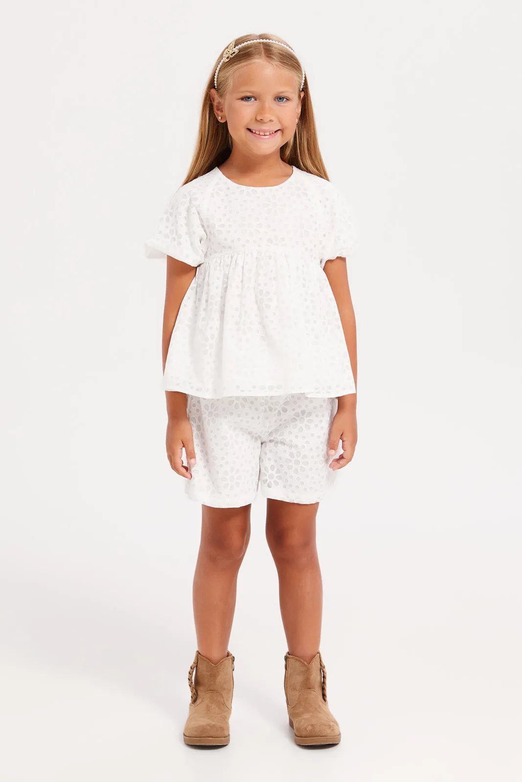 Girls White Floral Embossed Shorts